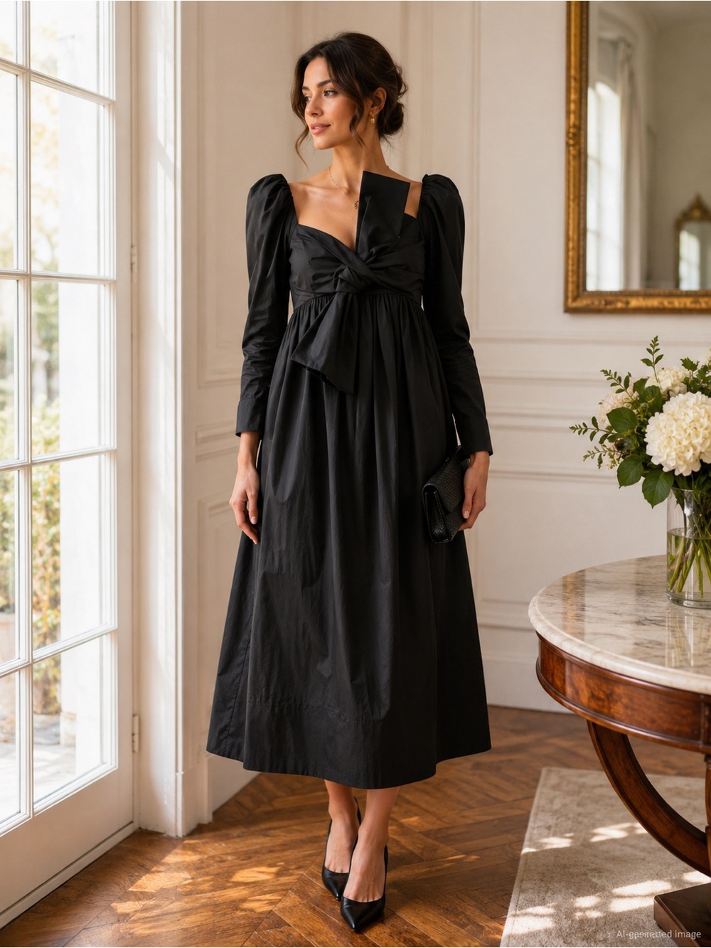 Aje Valentina Bow Midi Dress Black Cotton Poplin Puff Sleeve US 6 AU 10